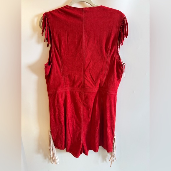 Oyrosy Western Cowboy Style Red Suede Silver Button Beige Tassel Jumpsuit NWT - Picture 8 of 12